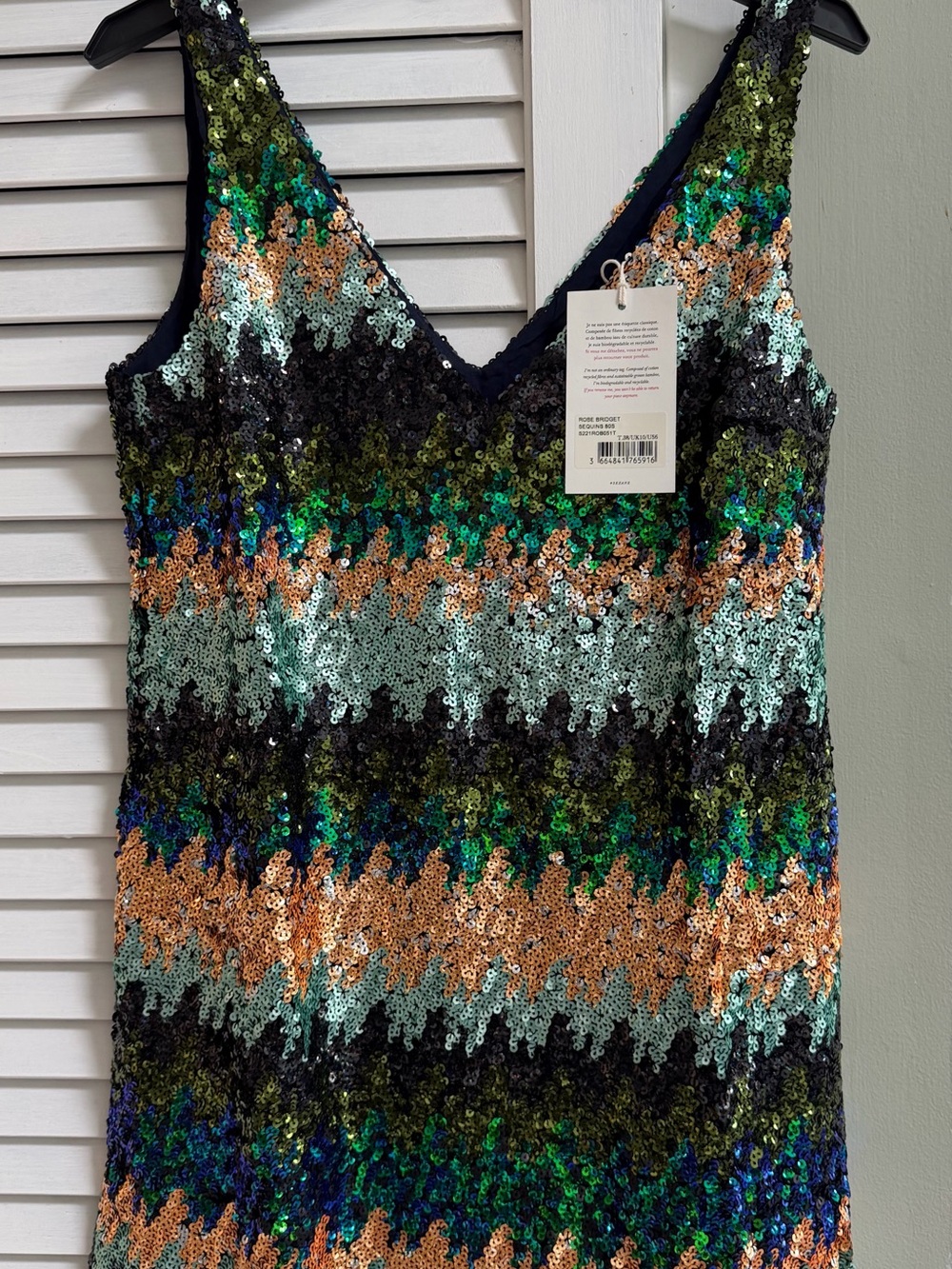 Sezane Sequined V-Neck Mini Dress in Green, Black & Copper